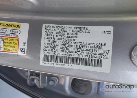 2022 Honda Accord Sport z USA, uszkodzony, nr VIN 1HGCV1F34NA019997